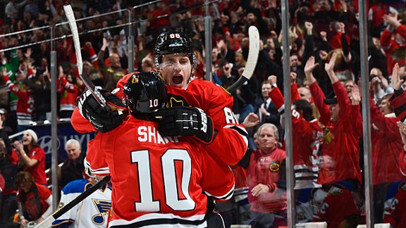 Patrick Kane with teammate Patrick Sharp