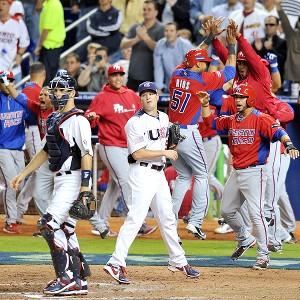 Puerto Rico celebrates during a game against the USA in the World Baseball Classic