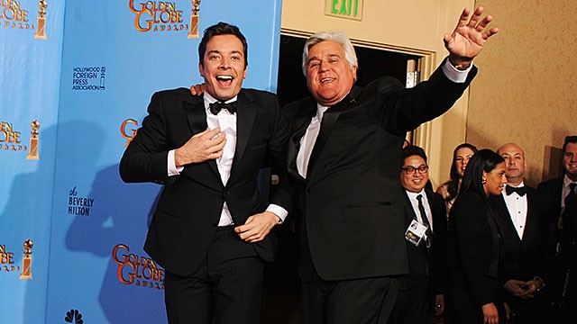 Presenters Jimmy Fallon (L) and Jay Leno pose in the press room during the 70th Annual Golden Globe Awards held at The Beverly Hilton Hotel on January 13, 2013 in Beverly Hills, California.
