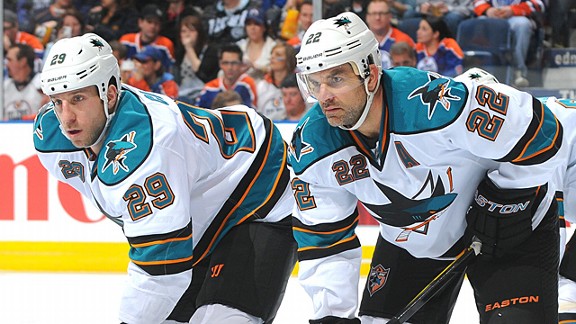 Ryan Clowe #29 and Dan Boyle #22 of the San Jose Sharks