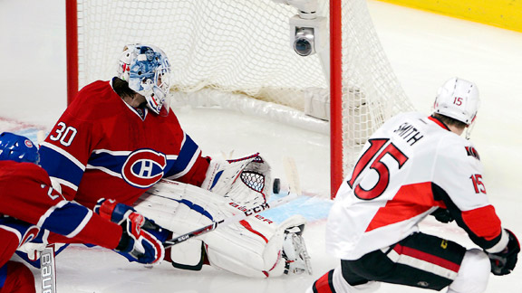 Zach Smith of the Ottawa Senators, Peter Budaj of the Montreal Canadiens