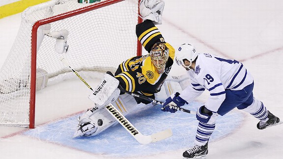 Tuukka Rask of the Boston Bruins and Joffrey Lupul of the Toronto Maple Leafs