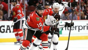 Patrick Sharp of the Chicago Blackhawks against the Los Angeles Kings