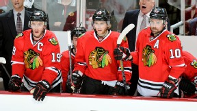 Jonathan Toews, Patrick Kane, Patrick Sharp of the Chicago Blackhawks