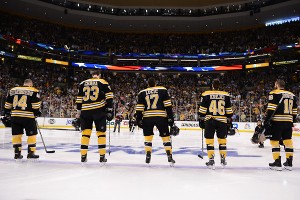 Dennis Seidenberg #44, Zdeno Chara #33, Milan Lucic #17, David Krecji #46 and Nathan Horton #18 of the Boston Bruins