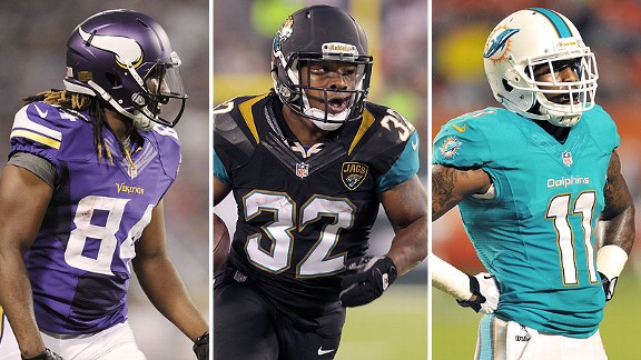 Cordarrelle Patterson of the Minnesota Vikings, Maurice Jones-Drew of the Jacksonville Jaguars and Mike Wallace of the Miami Dolphins