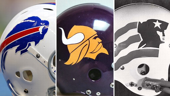 Helmets of the Buffalo Bills, Minnesota Vikings and New England Patriots