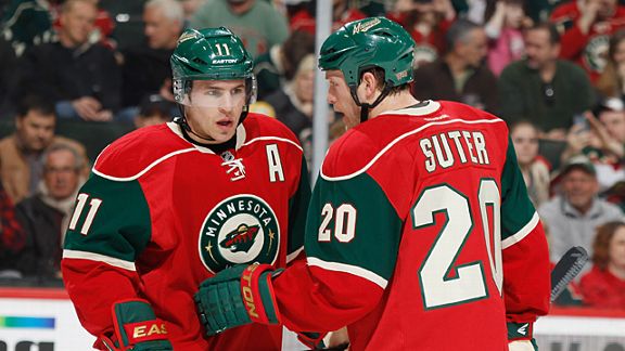 Zach Parise #11 and Ryan Suter #20 of the Minnesota Wild