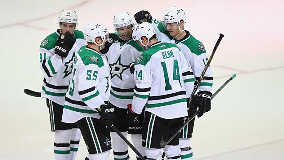 Tyler Seguin #91, Sergei Gonchar #55, Erik Cole #72, Jamie Benn #14 and Alex Chiasson