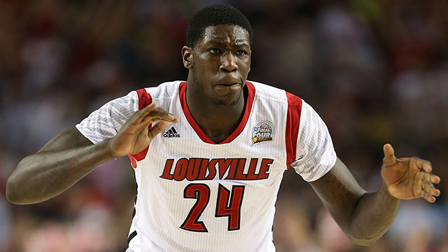 Montrezl Harrell #24 of the Louisville Cardinals reacts in the first half while taking on the Michigan Wolverines during the 2013 NCAA Men's Final Four Championship at the Georgia Dome on April 8, 2013 in Atlanta, Georgia.