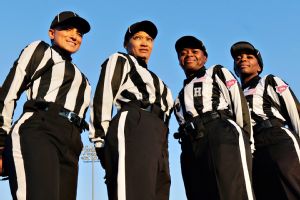 From left, Krystle Apellariz, Sebrina Brunson, Yvonda Lewis and Tangela Mitchell were among the seven-official crew who worked Thursday's game between Lane College and Miles College.