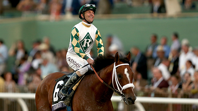 Gary Stevens celebrates aboard Mucho Macho Man