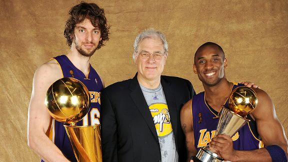 Pau Gasol, Phil Jackson and Kobe Bryant