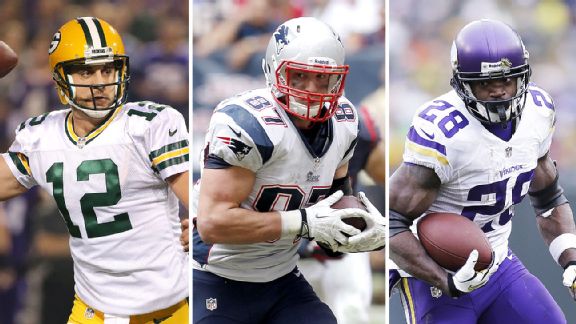 Aaron Rodgers, Rob Gronkowski, and Adrian Peterson