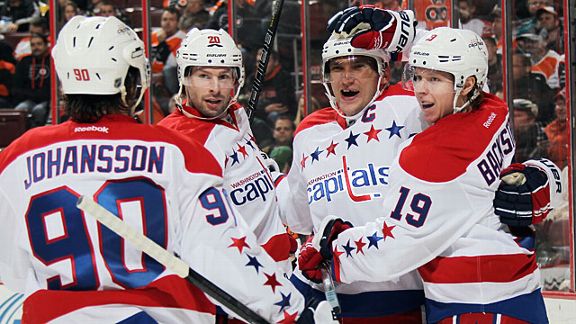 Marcus Johansson #90, Troy Brouwer #20, Alex Ovechkin #8, and Nicklas Backstrom #19 of the Washington Capitals