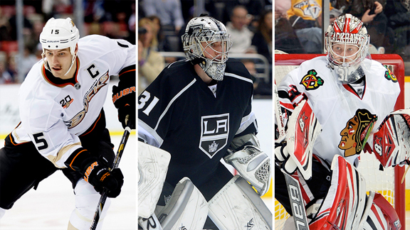 Ryan Getzlaf, Martin Jones and Antti Raanta