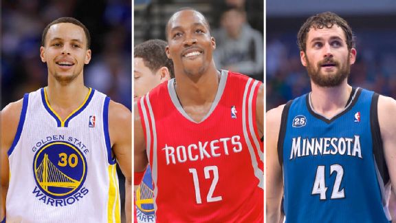 Steph Curry, Dwight Howard and Kevin Love
