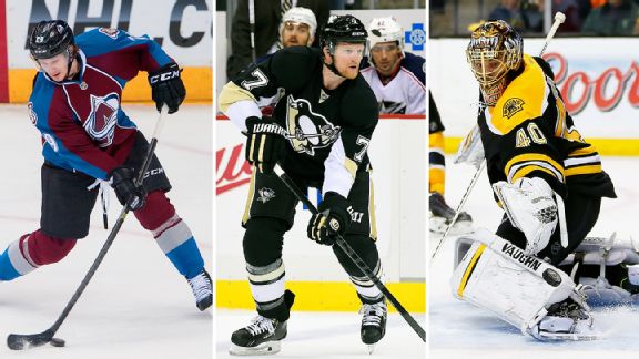 Nathan MacKinnon, Paul Martin, and Tuukka Rask