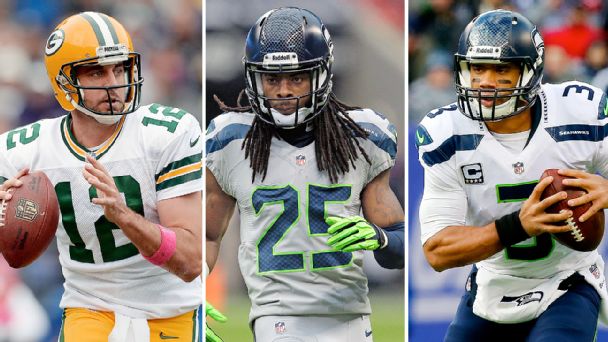 Aaron Rodgers, Richard Sherman, and Russell Wilson