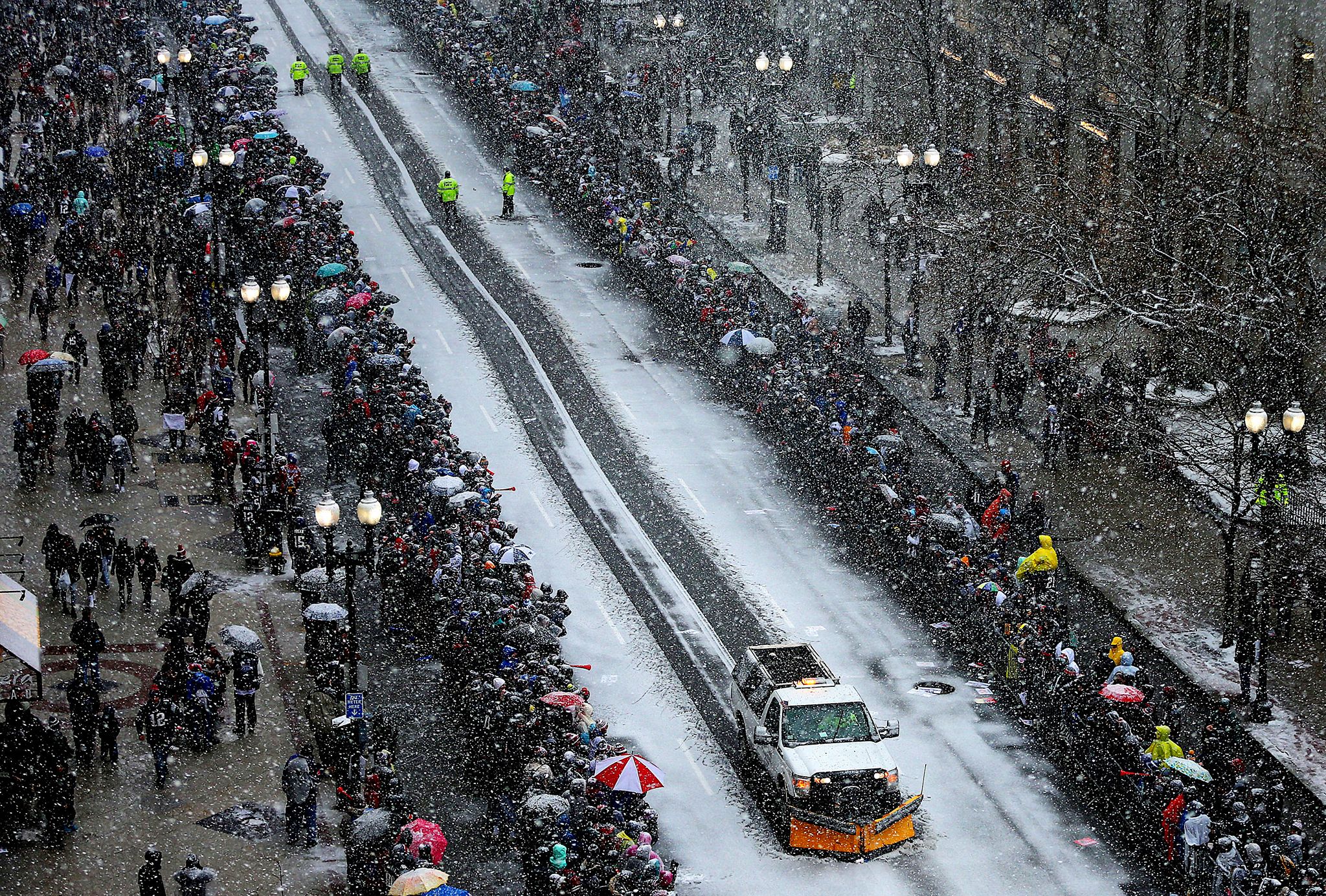 Snow covers the streets Patriots Super Bowl victory parade ESPN