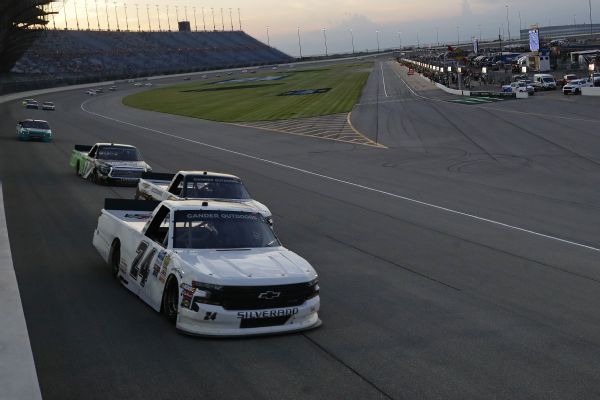 Brett Moffitt leads a pack of trucks during Friday's race at Chicagoland Speedway. Moffitt breezed to his second win of the season.