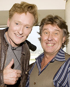 Comedy show host Conan O'Brien, left, and Santa Anita track announcer Trevor Denman.