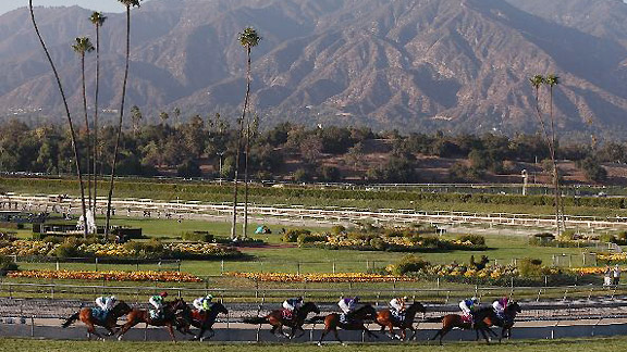 Contenders for the Breeders' Cup Mile run against the backdrop of beautiful Santa Anita.
