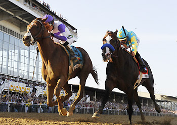 Bodemeister (right) finishes second to I'll Have Another in the 2012 Preakness Stakes.