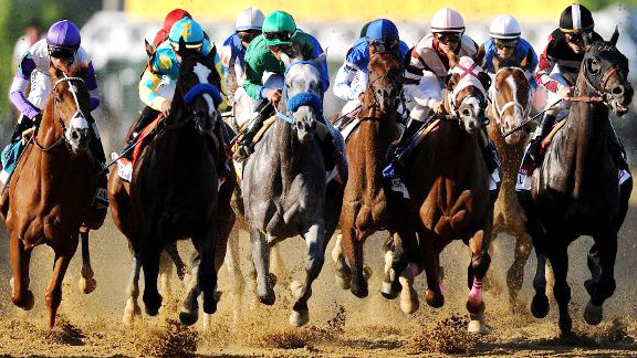 I'll Have Another (far left) runs down Bodemeister to win the 137th Preakness Stakes.