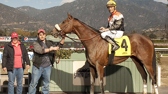 Gary Stevens gets to the winner's circle at Santa Anita aboard Branding.