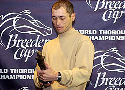 Jockey Garrett Gomez receives George Wolff Award at a post Breeders Cup breakfast at Belmont Park in 2005.