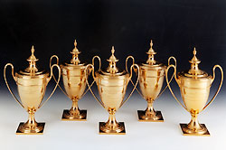 Kelso's five Jockey Gold Cup trophies are showcased at the National Museum of Racing.
