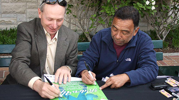 Steve Cauthen and Angel Cordero at Jockey signing to benefit the Permanently Disabled Jockeys Fund.