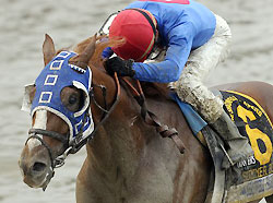 Summer Bird and jockey Kent Desormeaux win the 2009 Travers Stakes at Saratoga.