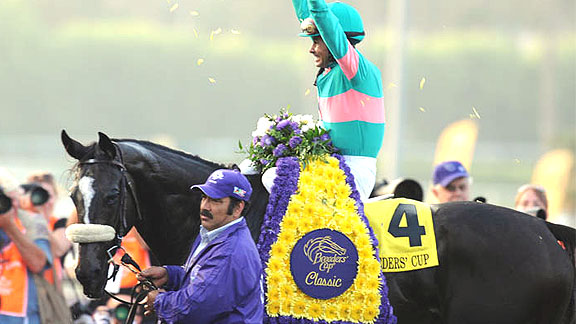 Zenyatta and jockey Mike Smith win the 2009 Breeders' Cup Classic