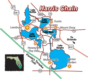 Click for an enlarged map of the Harris Chain of Lakes.