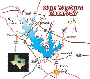 Click for an enlarged map of Sam Rayburn Reservoir.