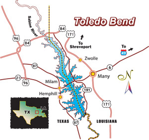 Click for an enlarged map of Toledo Bend Reservoir.