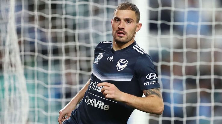 James Troisi celebrates scoring a goal for Melbourne Victory during the A-League semifinal match against Sydney FC.