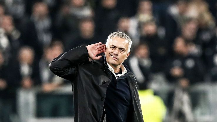 Manchester United's Portuguese manager Jose Mourinho gestures towards the public at the end of the UEFA Champions League group H football match Juventus vs Manchester United at the Allianz stadium in Turin on November 7, 2018. 