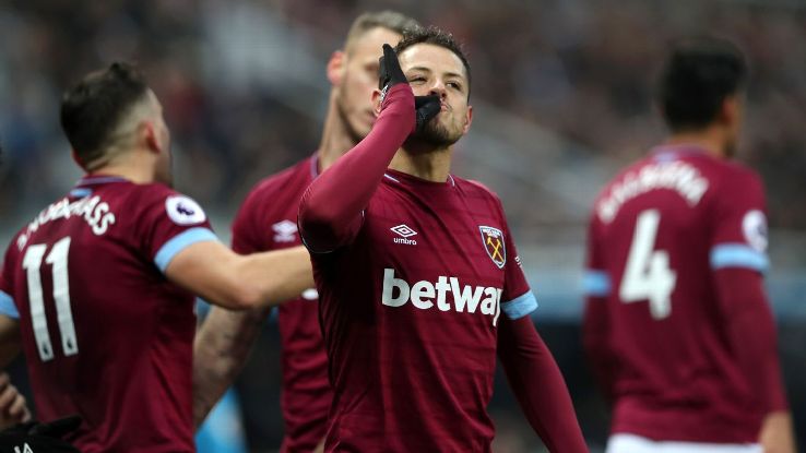 Javier Hernandez of West Ham United celebrates after scoring