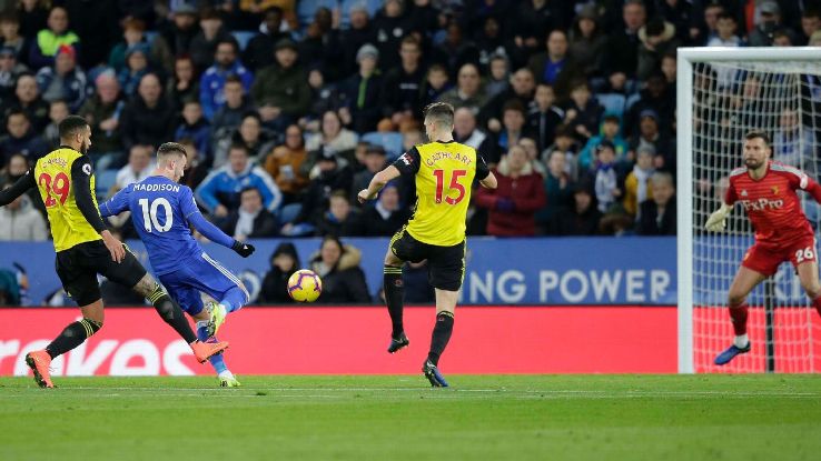 James Maddison of Leicester City celebrates scoring a goal