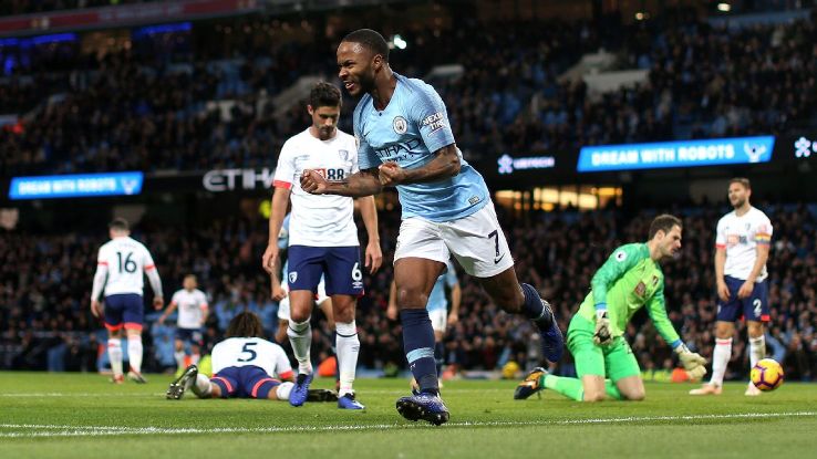 Raheem Sterling of Manchester City celebrates after scoring his team's second goal