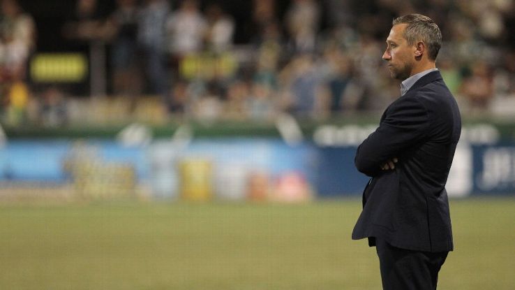 Caleb Porter looks on during a Portland Timbers match in 2017.