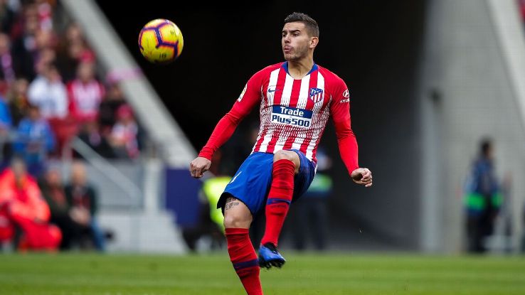 Lucas Hernandez of Atletico Madrid plays the ball in a  La Liga match against Alaves.