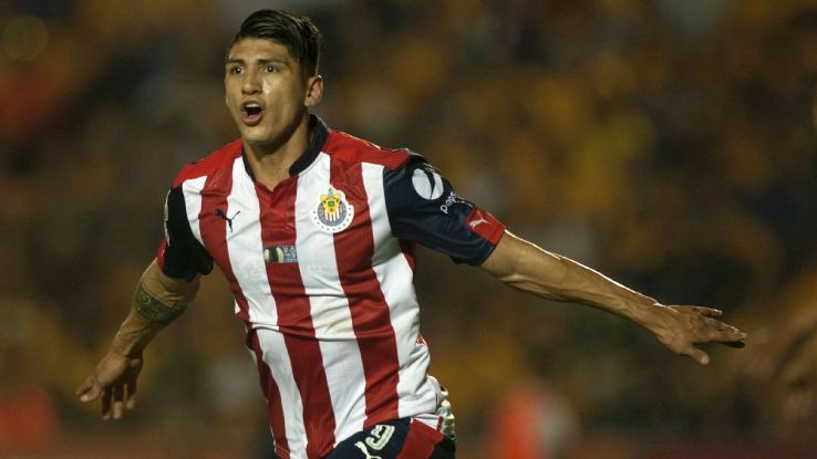 Alan Pulido celebrates after opening the scoring the for Chivas against Tigres in the Clausura final.