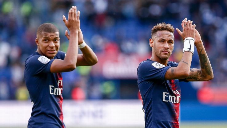 Paris Saint-Germain's Kylian Mbappe, left, and Neymar.