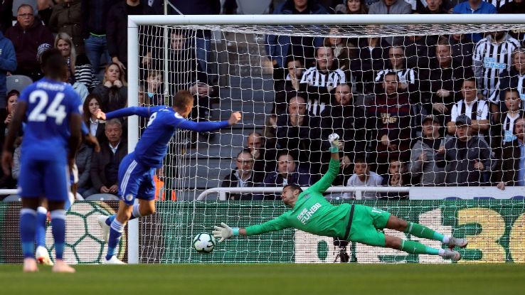 Jamie Vardy scores at Newcastle from the penalty spot.