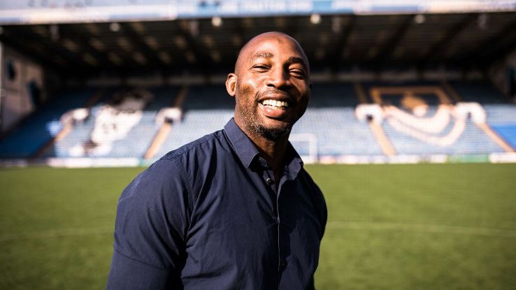 Vincent Pericard smiles on the pitch at Fratton Park, Portsmouth, where he ended up on loan from Juventus after a text message began a series of life-changing events.