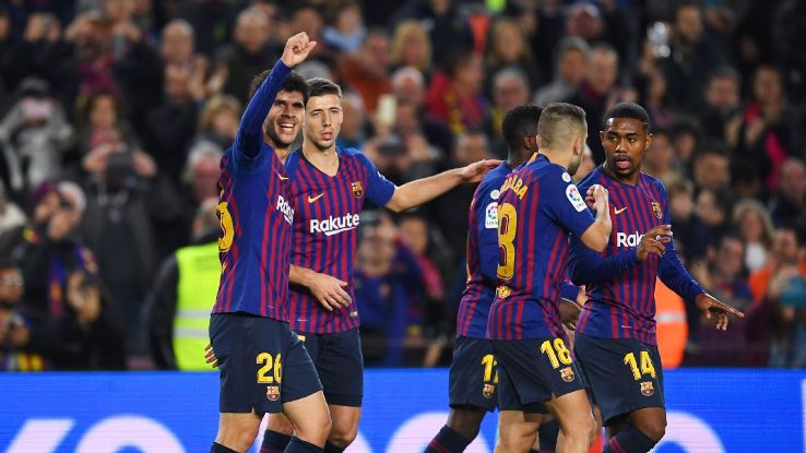 Carles Alena, far left, celebrates his first-ever league goal for Barcelona against Villarreal.